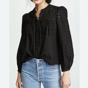 Madewell Eyelet Double Tie Peasant Top Black Size S Semi Sheer